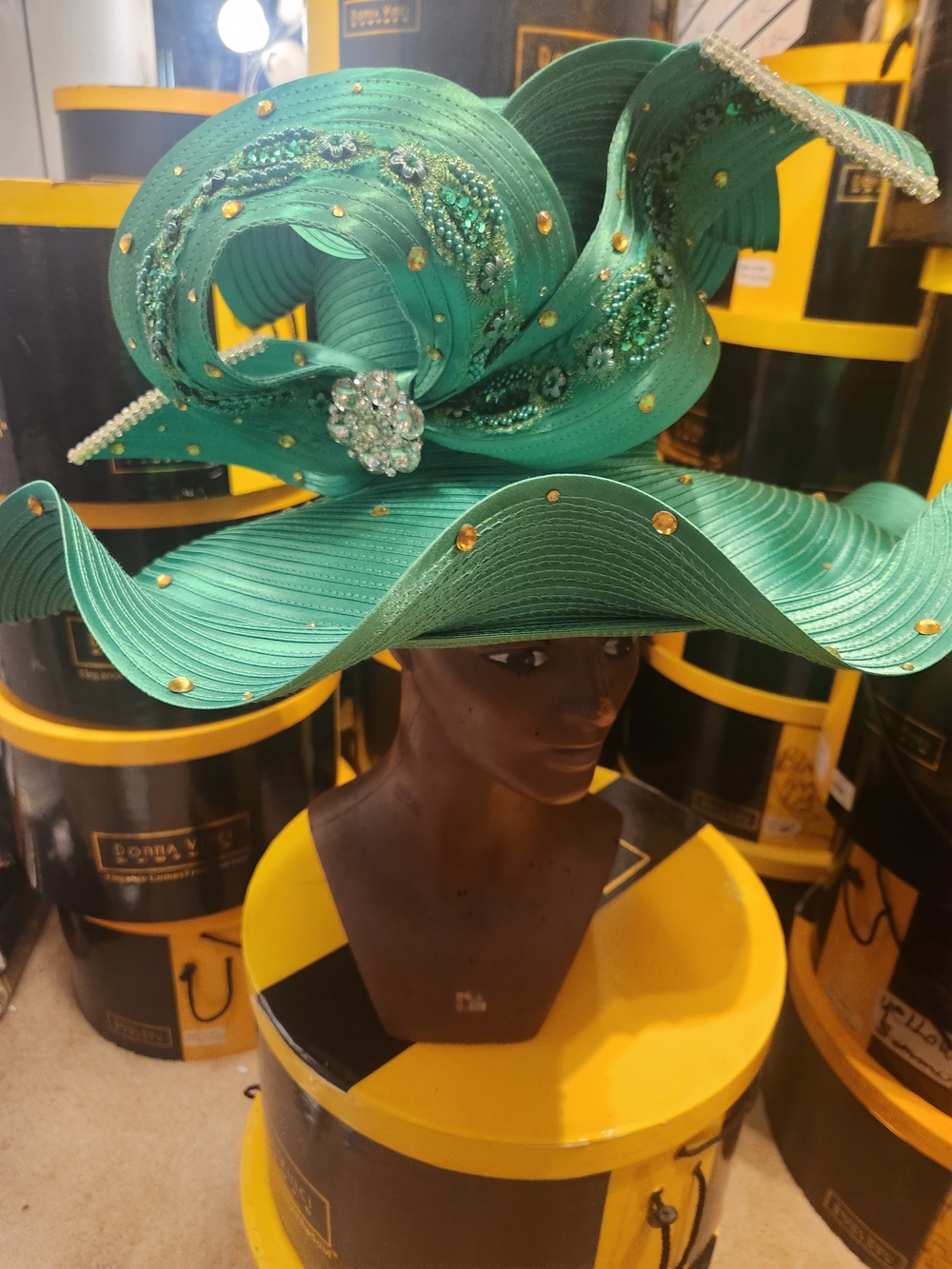 Donna Vinci Couture Emerald Green Rhinestone Sculptural Church Hat